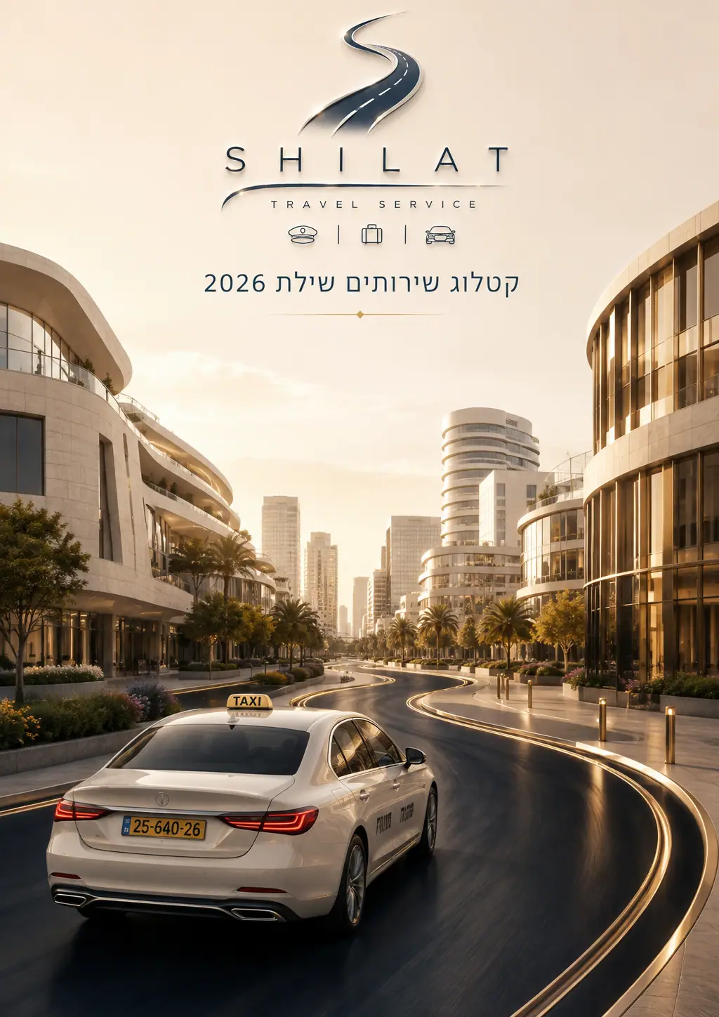 שער קטלוג שילת — מונית לבנה נוסעת בשדרה עירונית בשעת בוקר