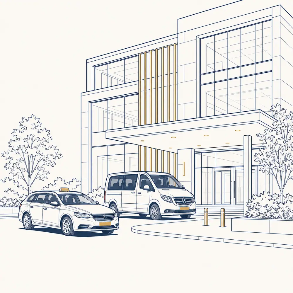 איור קו: מונית ומיניבוס בכניסה לבניין משרדים